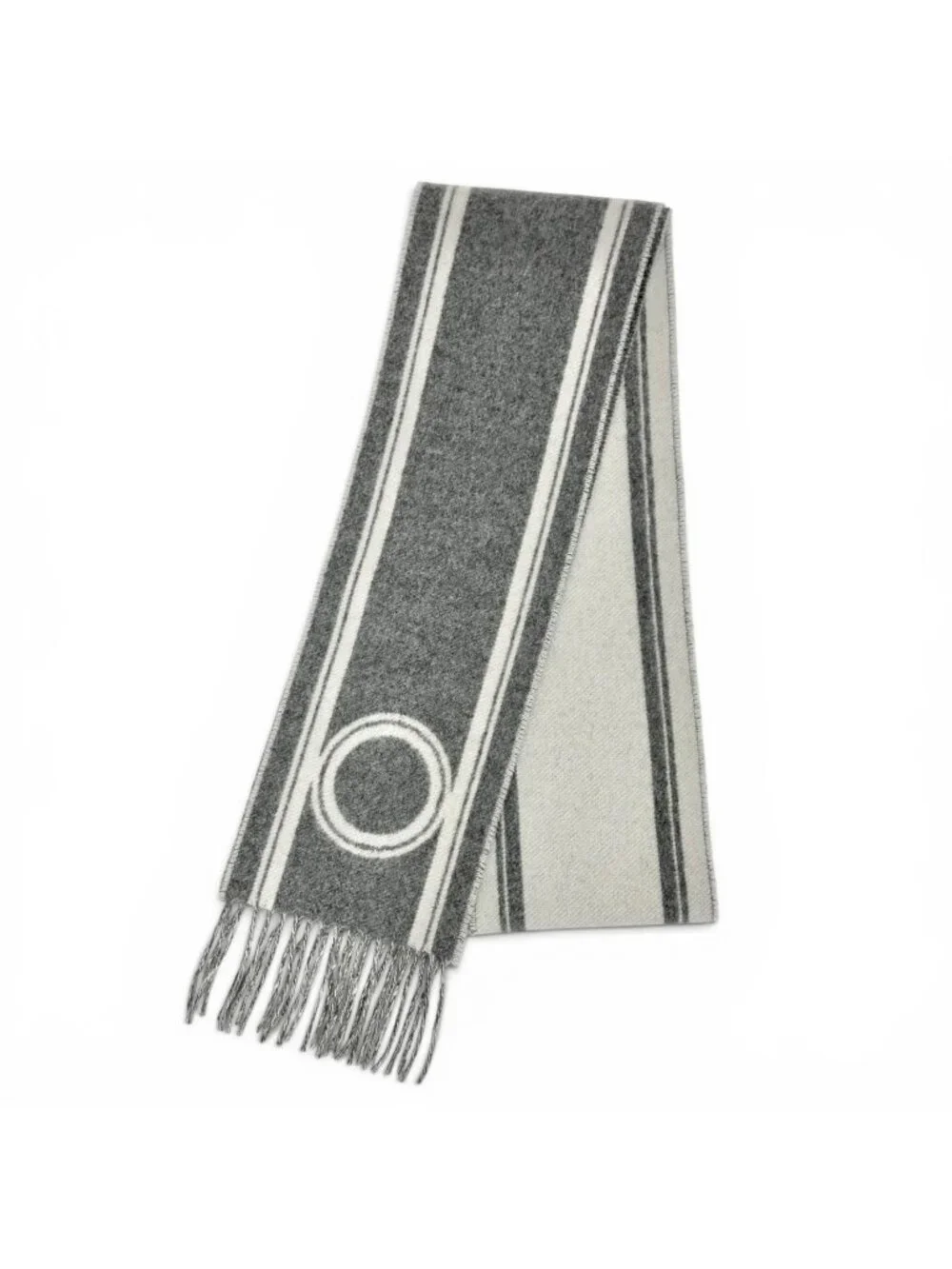 Hermes Band de Repo Cashmere Gray Flannel Ivoire Bicolor Fringe Long Scarf